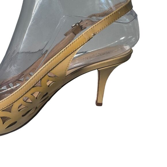 Kate Spade Heels Sandals Women 7B Jacey Shoes Nude Brown Patent Laser Slingback - Picture 14 of 16